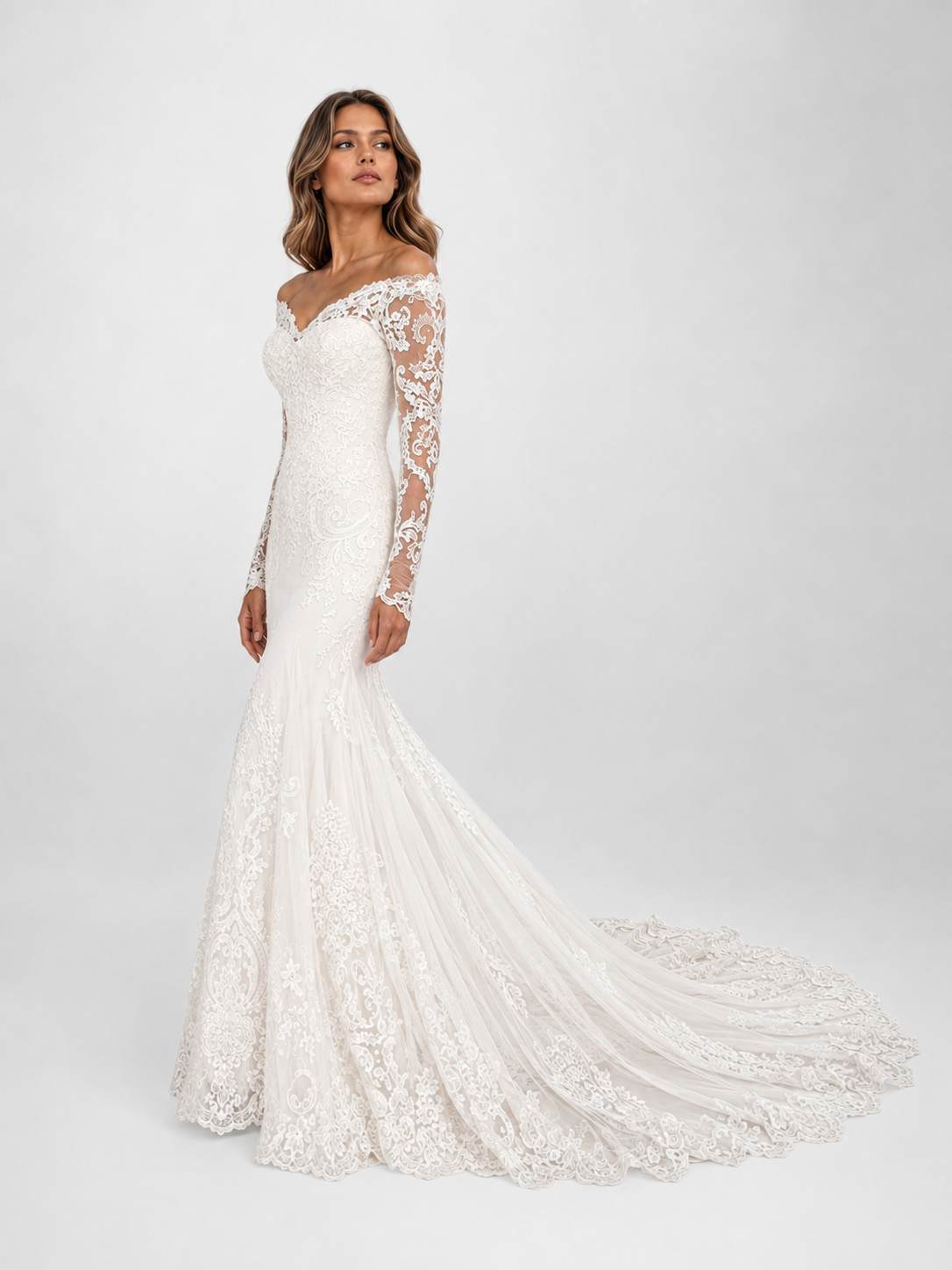 Elegant Off-the-Shoulder Long Sleeve Lace Appliqué Mermaid Wedding Dress with Chapel Train