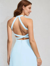 A Line Sky Blue Chiffon Halter Neck Sleeveless Floor Length Dress With High Slit