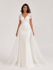Elegant Lace Applique Short-Sleeve Mermaid Wedding Dress with Detachable Overskirt and Chapel Train