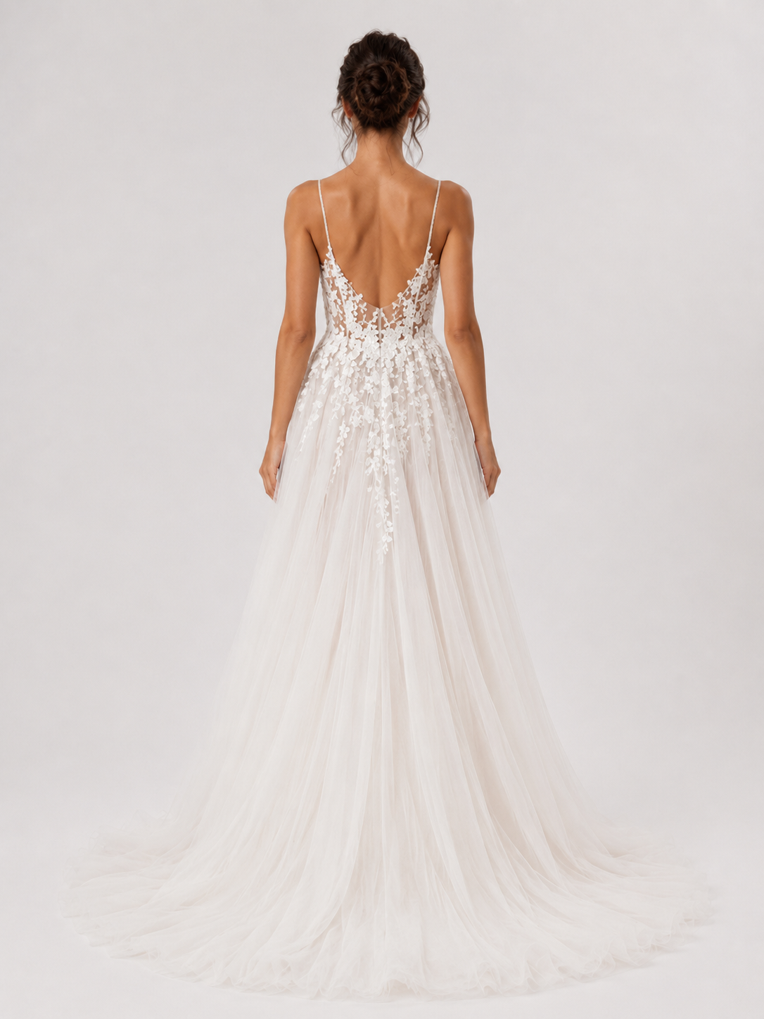Elegant Floral Applique Tulle A-Line Wedding Dress with High Slit and Sweep Train