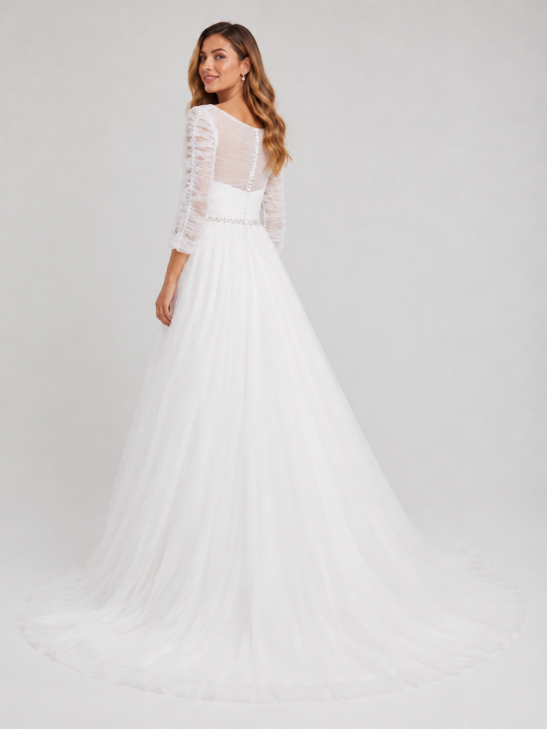 Elegant  3/4-Sleeve Ruched Tulle A-Line Wedding Dress with Chapel Train