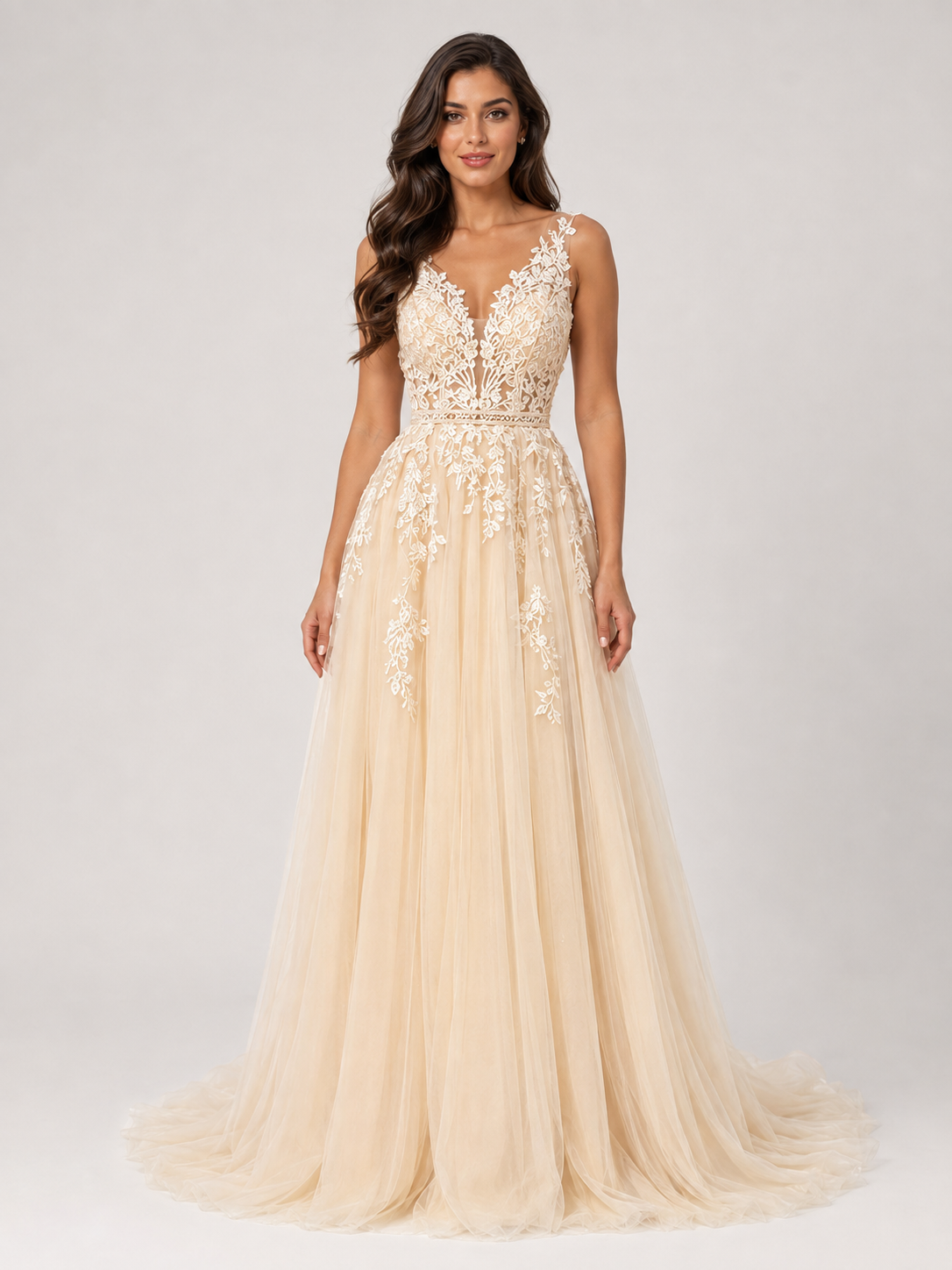 Elegant Floral Applique Tulle A-Line Wedding Dress with Sweep Train