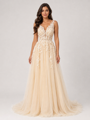 Elegant Floral Applique Tulle A-Line Wedding Dress with Sweep Train
