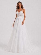 Elegant Spaghetti Strap V-Neck Lace Applique Tulle A-Line Wedding Dress with Chapel Train