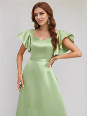 A Line Sage Satin Asymmetrical Neck Floor Length Dress With Ruffle Sleeves