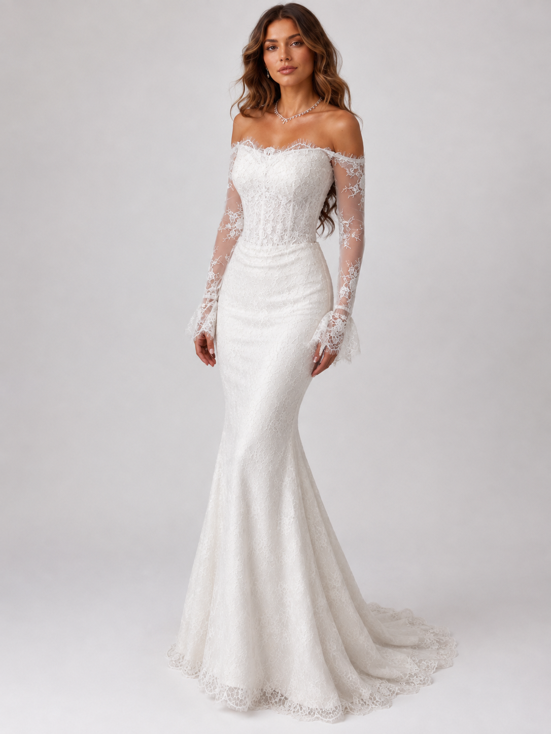 Elegant Off-the-Shoulder Long Sleeve Lace Mermaid Wedding Dress with Sweep Train