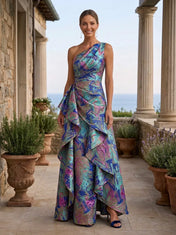 One-Shoulder Abstract Metallic Brocade Cascading Mother of the Bride Dress