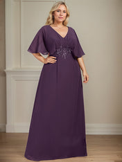 A-Line V-Neck Floor-Length Chiffon Mother of the Bride Dress With Appliques Pleated
