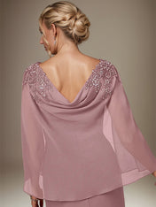 Mauve Sheath/Column Chiffon Bateau Neck Cape Sleeves Knee Length Dress