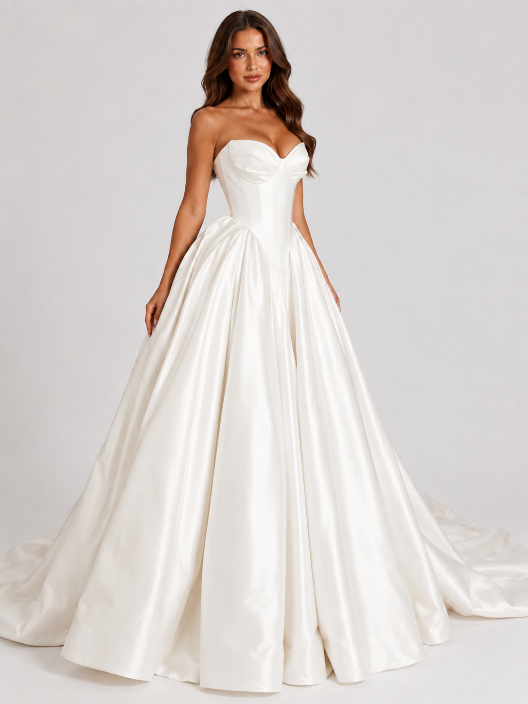 Elegant Strapless Sculpted Bustier Satin Ball Gown Wedding Dress with Chapel Train