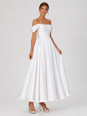 Elegant Off-the-Shoulder Ruched Satin A-Line Midi Wedding Dress with Lace-Up Back