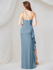 Steel Blue Satin One Shoulder Sleeveless Asymmetrical Length Dress With High Slit