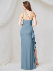Steel Blue Satin One Shoulder Sleeveless Asymmetrical Length Dress With High Slit