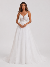 Elegant Spaghetti Strap V-Neck Lace Applique Tulle A-Line Wedding Dress with Chapel Train