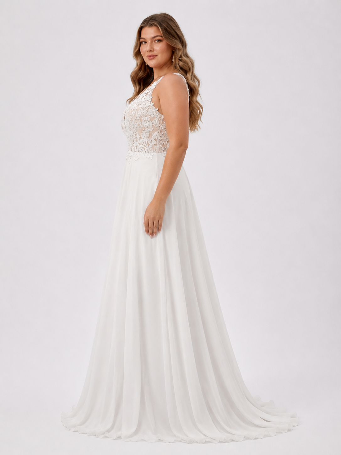 Elegant V-Neck Lace Applique Chiffon A-Line Wedding Dress with Keyhole Back