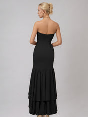 Black Sheath/Column Stretch Crepe Off The Shoulder Sleeveless Floor Length Dress With Ruffles