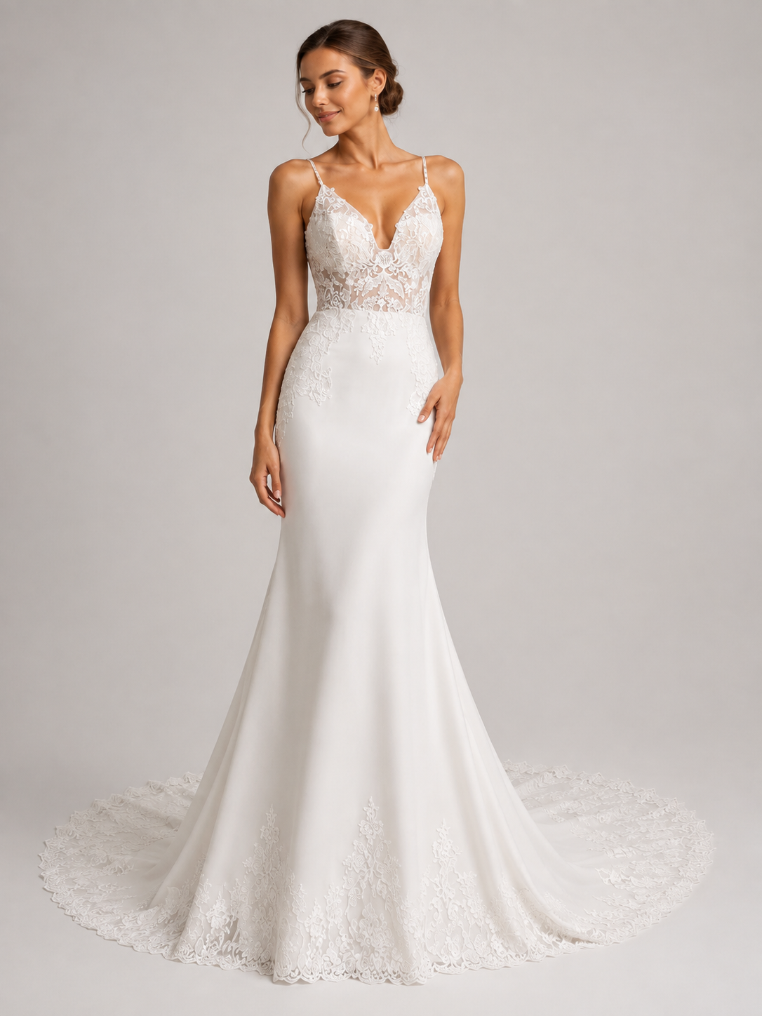 Elegant Spaghetti Strap Illusion Lace Bodice Satin Sheath Wedding Dress with Sweep Train