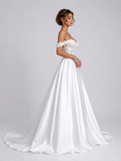 Elegant Off-the-Shoulder Lace Bodice Satin A-Line Wedding Dress with Chapel Train
