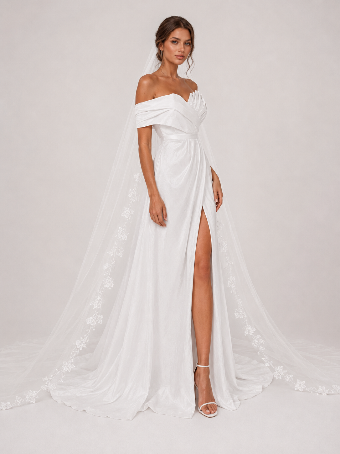 Elegant One-Shoulder Ruched Satin A-Line Wedding Dress with High Slit and Chapel Train