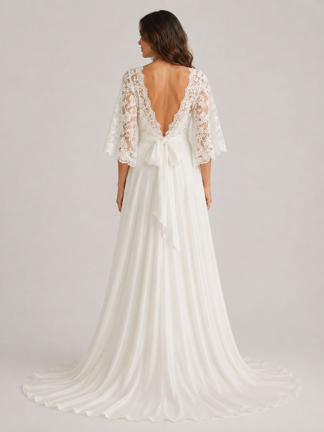 Elegant Lace Bell Sleeve A-Line Wedding Dress with Sweep Train