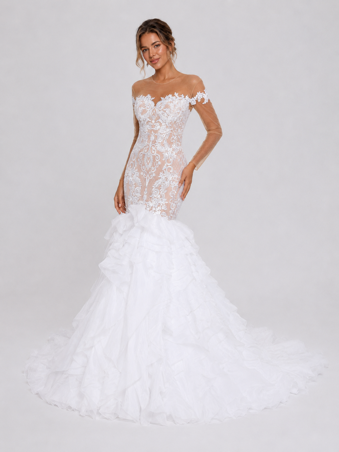 Elegant Illusion Long-Sleeve Lace Applique Mermaid Wedding Dress with Ruffled Tiered Sweep Train