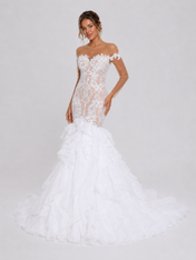 Elegant Illusion Long-Sleeve Lace Applique Mermaid Wedding Dress with Ruffled Tiered Sweep Train