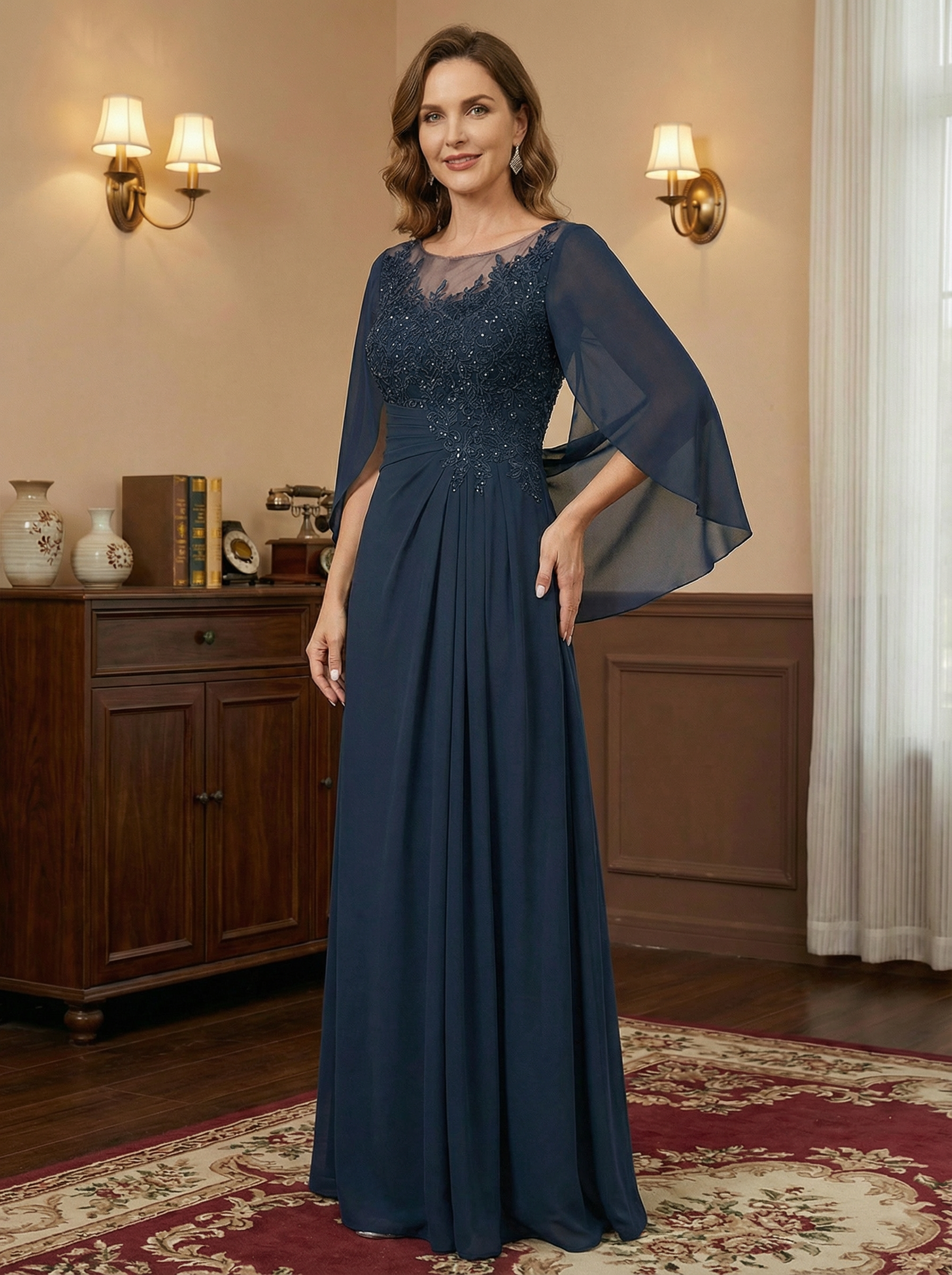 A-Line/Princess Scoop Floor-Length Mother of the Bride Dresses with Pleated & Sequins