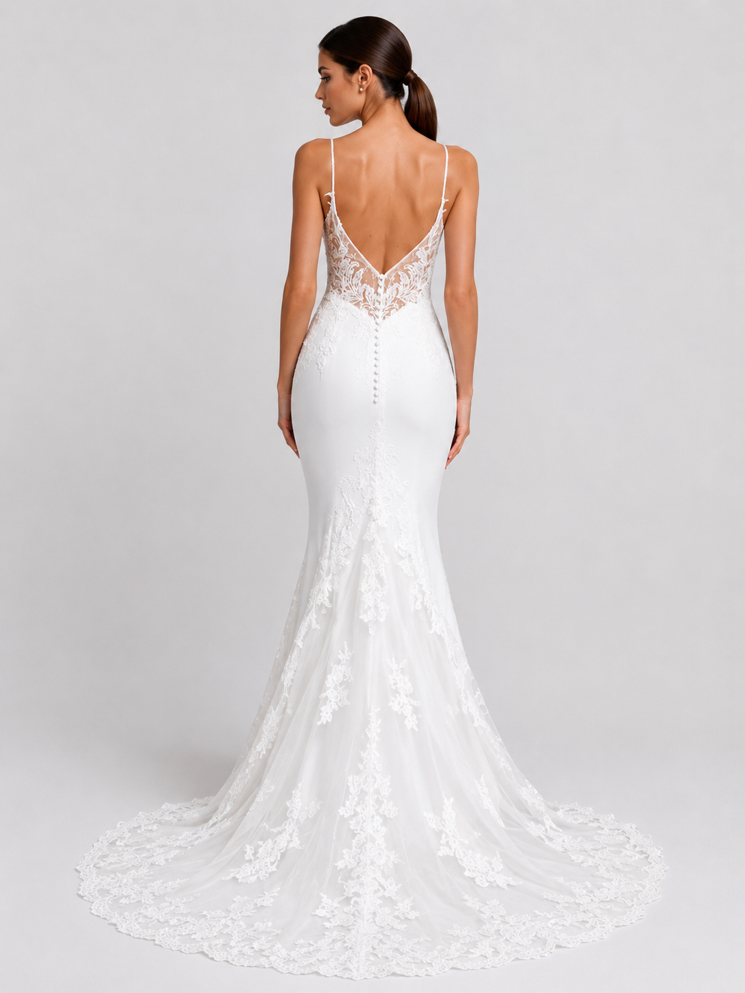 Elegant V-Neck Lace Applique Satin Mermaid Wedding Dress with Sweep Train