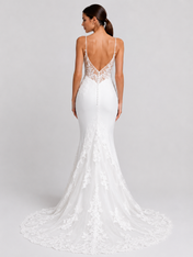Elegant V-Neck Lace Applique Satin Mermaid Wedding Dress with Sweep Train