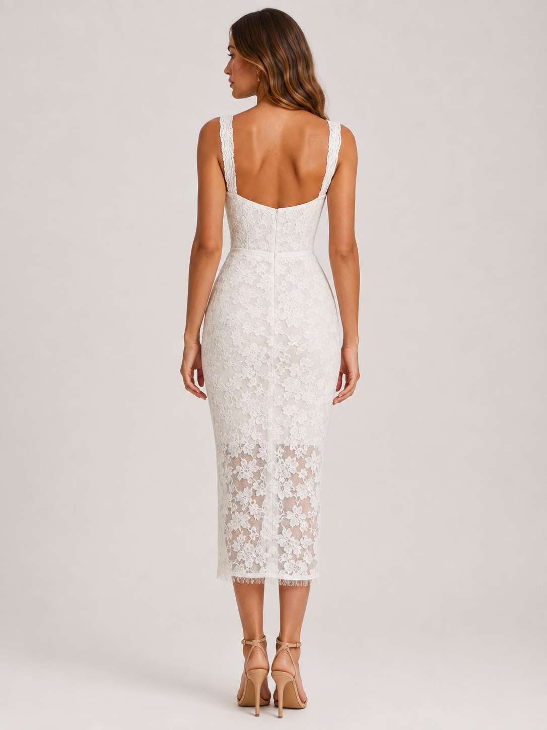Elegant Scoop Neck Lace Appliqué Midi Cocktail Wedding Dress with Wide Straps