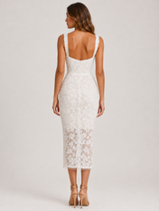 Elegant Scoop Neck Lace Appliqué Midi Cocktail Wedding Dress with Wide Straps