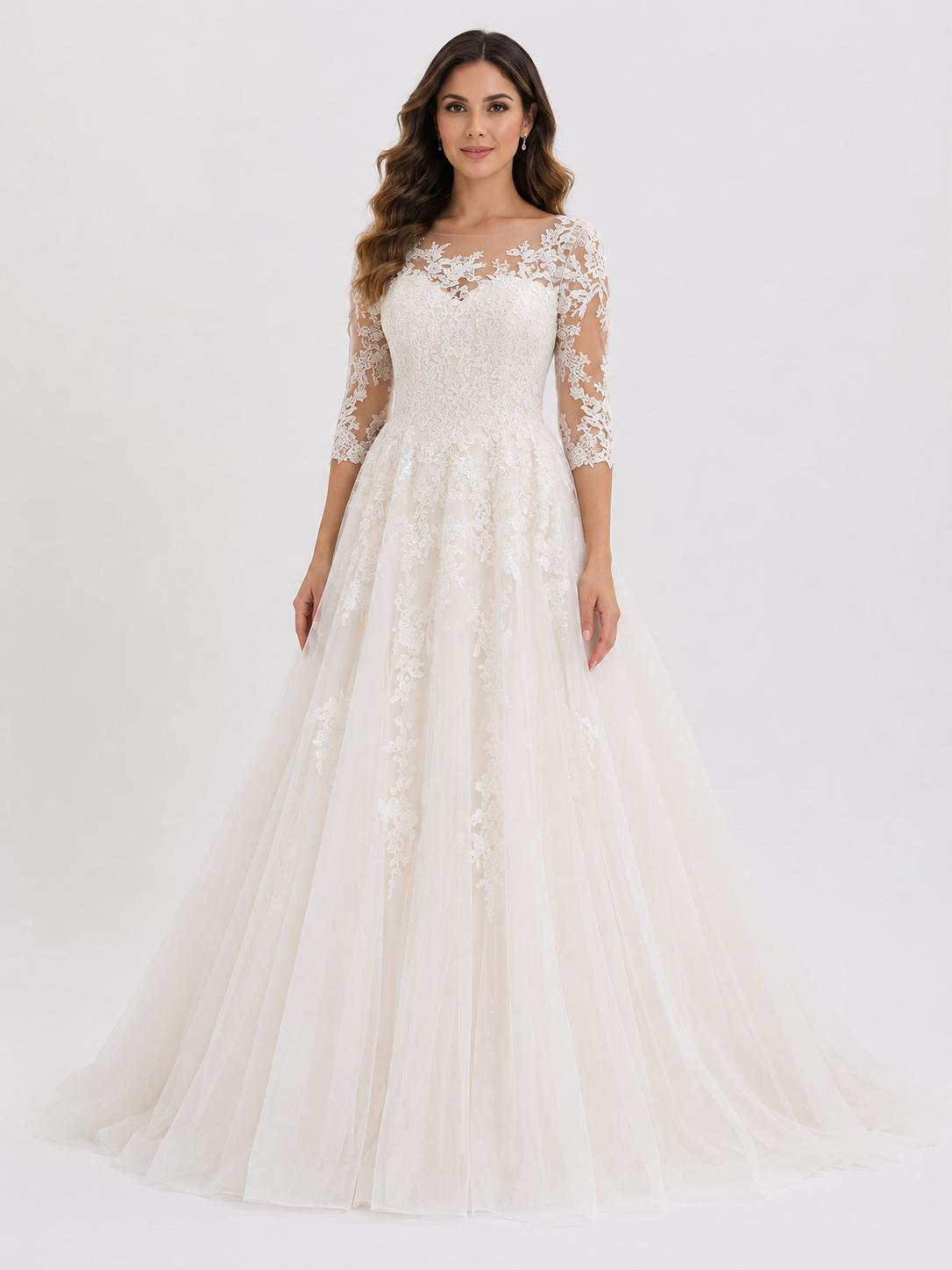 Elegant Illusion Lace Applique A-Line Wedding Dress with Sweep Train