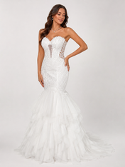 Elegant Strapless Sweetheart Lace Mermaid Wedding Dress with Tiered Tulle Skirt and Chapel Train