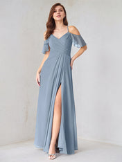 A Line Dusty Blue Chiffon Spaghetti Straps Short Sleeves Floor Length Dress With High Slit