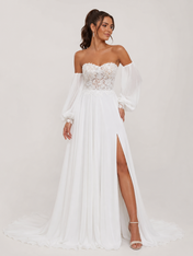 Elegant Off-the-Shoulder Lace Bodice Chiffon A-Line Wedding Dress with High Slit and Chapel Train