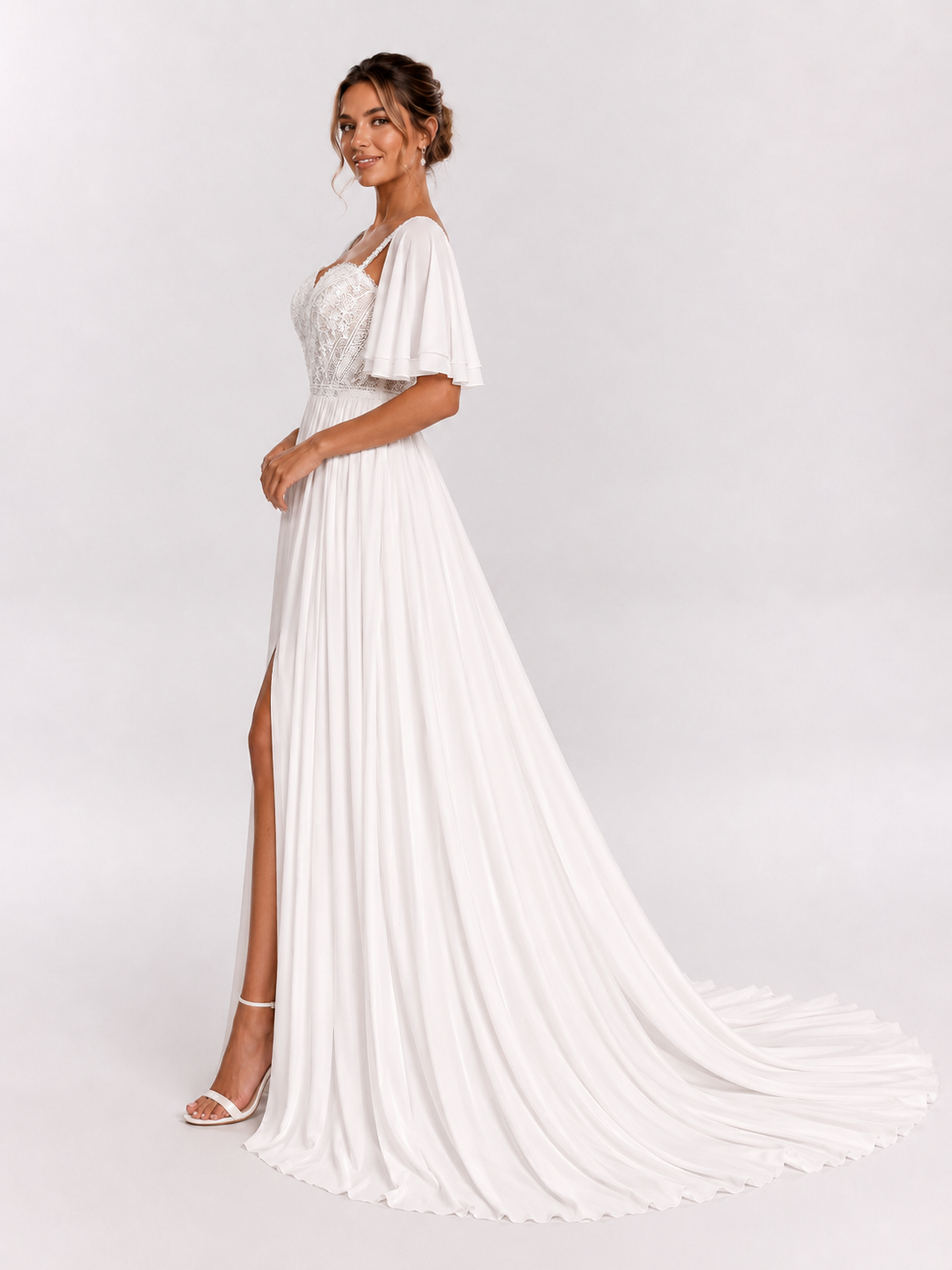 Elegant Sweetheart Lace Bodice Chiffon A-line Wedding Dress with Flutter Sleeves and High Slit