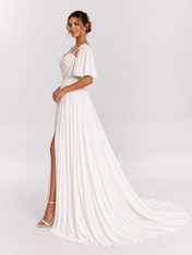 Elegant Sweetheart Lace Bodice Chiffon A-line Wedding Dress with Flutter Sleeves and High Slit