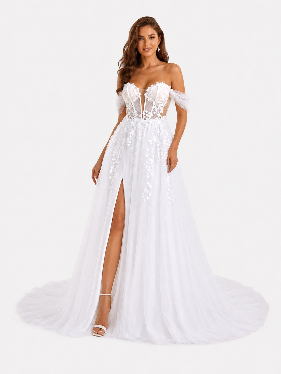 Elegant Off-the-Shoulder 3D Floral Appliquéd Tulle A-Line Wedding Dress with High Slit and Chapel Train