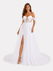 Elegant Off-the-Shoulder 3D Floral Appliquéd Tulle A-Line Wedding Dress with High Slit and Chapel Train