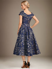 A-Line V-Neck Tea-Length Jacquard Floral Mother of the Bride Dress