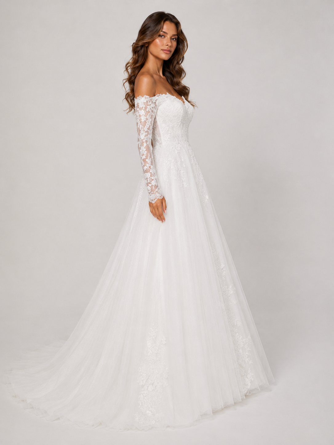 Elegant Off-the-Shoulder Long Sleeve Lace Applique A-Line Wedding Dress with Chapel Train