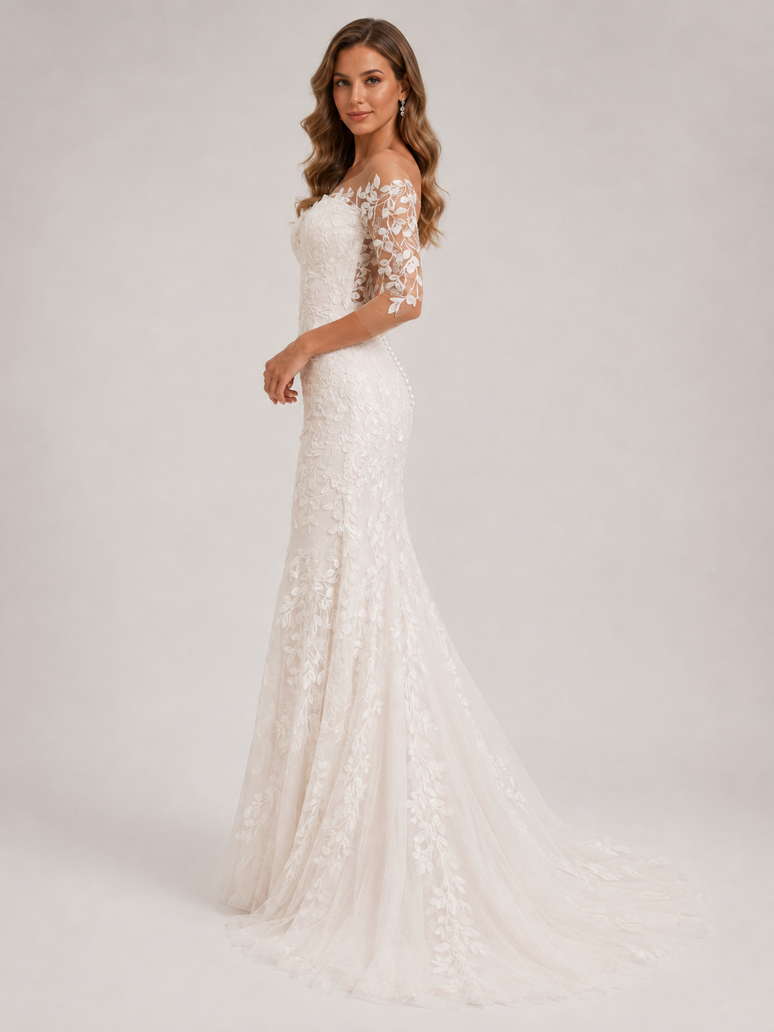 Elegant Off-the-Shoulder Illusion Lace Applique Sheath Wedding Dress with Sweep Train