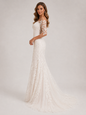 Elegant Off-the-Shoulder Illusion Lace Applique Sheath Wedding Dress with Sweep Train