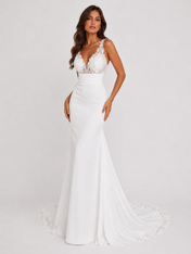 Elegant V-Neck Lace and Satin Mermaid Wedding Dress with Bow Back and Chapel Train