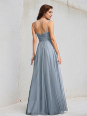 Dusty Blue A-Line V-Neck Floor-Length Lace Tulle Bridesmaid Dress