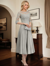 Silver A-line Illusion Scoop Tea-Length Lace Satin Mother of the Bride Dress With Beading Sequins