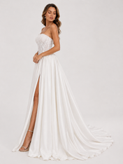 Elegant Strapless Lace Corset Satin A-Line Wedding Dress with High Slit and Chapel Train