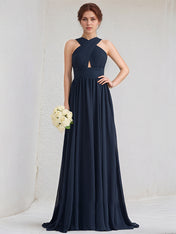 Dark Navy A-Line V-Neck Floor Length Chiffon Bridesmaid Dress With Ruffle