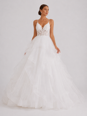 Elegant V-Neck Tiered Ruffle Tulle Ball Gown Wedding Dress with Crisscross Straps