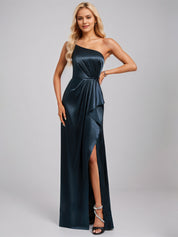Dark Navy Satin A Line One Shoulder Floor Length Bridesmaid Dress With Ruffle